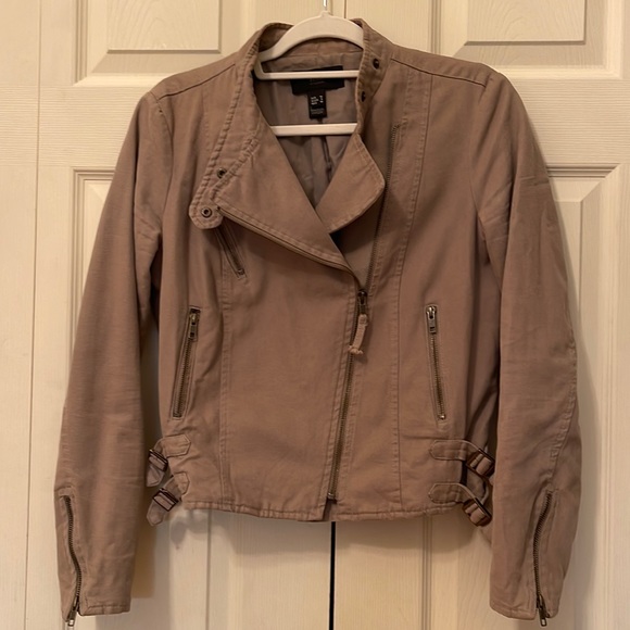MANGO tan brown cotton biker jacket, size M - Picture 3 of 7